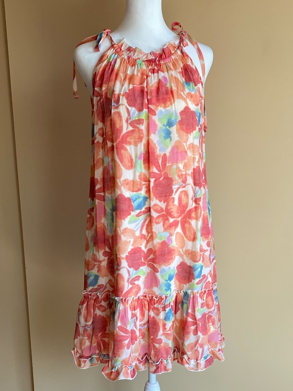 Robbie Bee Watercolor Floral Sleeveless Ruffle Dress Size M Boho Cottagecore